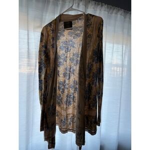 Anthropologie Guinevere Floral Print Linen Blend Cardigan Open Front Tan Blue